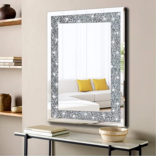 QMDECOR 32x24 Inch Rectangle Silver Mirror with Crystals Wall Decor Frameless Glam