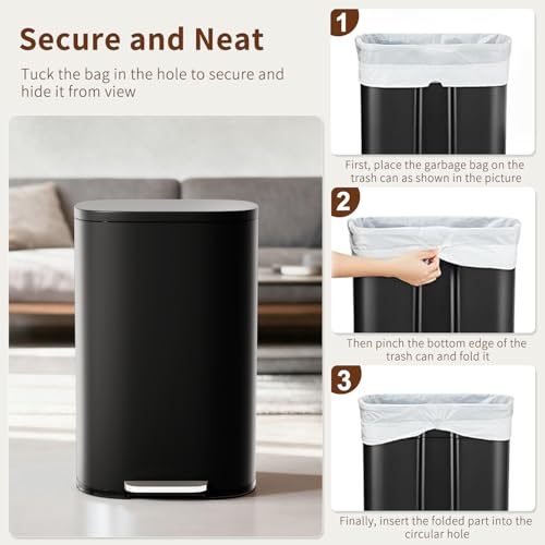 PayLessHere 13 Gallon Black Stainless Steel Trash Can with Lid & Removable Inner Bucket