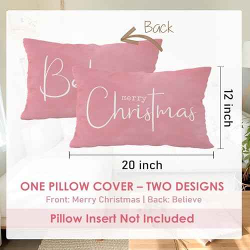 Pink Christmas Throw Pillow Cover 12x20, Merry Christmas Decorative, Xmas Winter Christmas Indoor Outdoor Decorative Throw Pillow Case for Home Bed Living Room Couch Decor