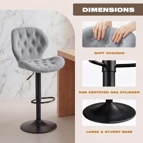 Grey Set of 2 Adjustable Swivel Bar Stools with Backrest - Modern Chenille Fabric