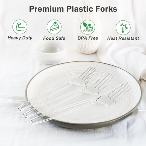 Dealusy 360 Pack Heavy Duty Clear Plastic Forks - Disposable & Reusable, Food Grade, Hot & Cold Use
