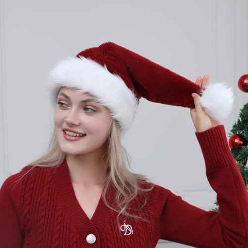Christmas Hat, Santa Hat, Xmas Holiday Hat for Adults, Super Soft Plush Santa Hat for Xmas New Year Party Headwear