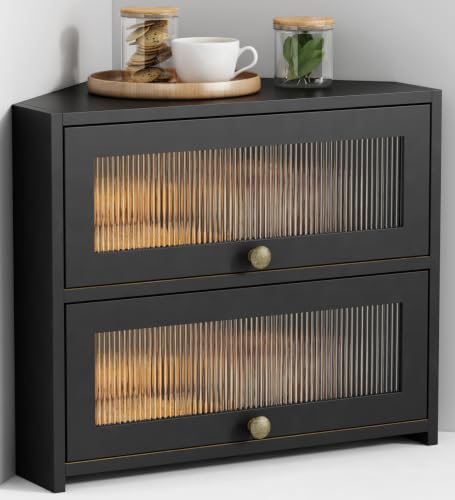 Goozii Black Corner Bread Box with Double Layer Roll-Top Design - Space-Saving Kitchen Storage