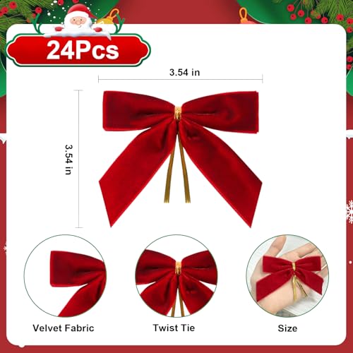 24 Pcs Red Small Velvet Bows for Christmas Tree, 3.54 Inch Mini Christmas Bows for Gift Wrapping, Twist Tie Velvet Bows Xmas Ornaments for Wreath, Crafts, Party, Wedding