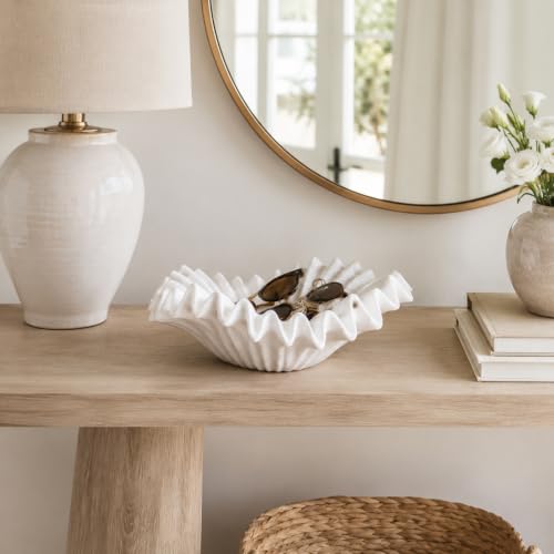 Off-White Decorative Ruffle Bowl – 12-Inch Modern Resin Centerpiece