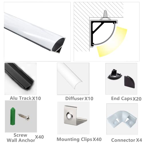 UV Resistant LED Strip Channel Kit - 6.56FT V Shape Aluminum Profiles with Frosted Diffuser, Corner Connector, 10-Pack