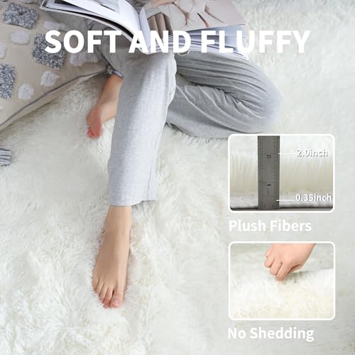 Cream White 6x9 Shag Rug for Bedroom - Plush Fluffy Non-Slip Carpet