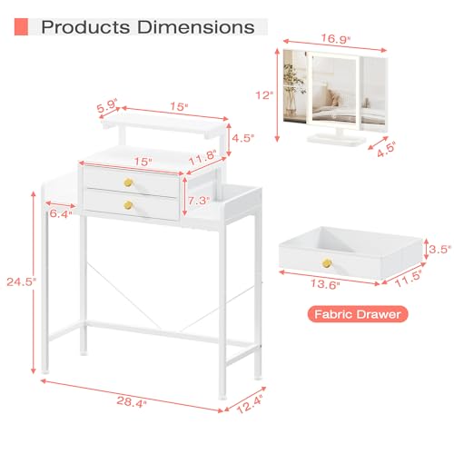 HIGDBFE White Vanity Desk with Mirror & LED Lights, 28.4"W Small Makeup Station