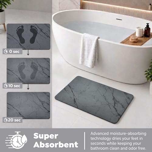 Gray Extra Large Diatomaceous Earth Bath Mat 32x20 Inch Non-Slip Absorbent Shower Mat