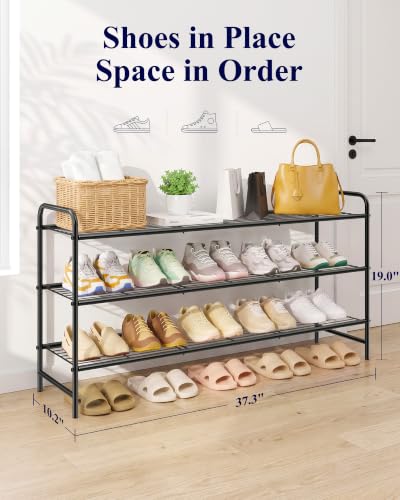 Kitsure Black Stainless Steel 3-Tier Shoe Rack Organizer - 37.3" Wide