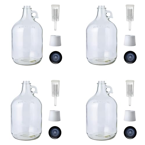 4 Pack 1 Gallon Glass Jugs with Airlocks & Caps for Homebrewing - Variations of 128 Fl Oz