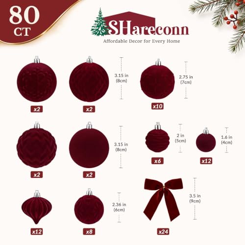Velvet Christmas Tree Ball Ornaments Set, 80pcs, Burgundy - SHareconn