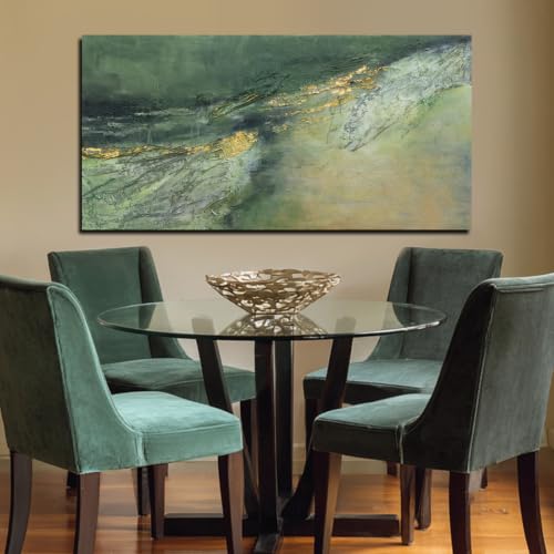Dark Green Green Gold Abstract Wall Art Canvas Print 24x48 Inch for Living Room