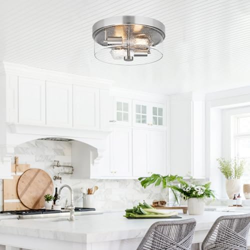 Brushed Nickel 2-Light Flush Mount Ceiling Light Fixture with Seeded Glass Shade for Porch, Hallway, Bathroom, Dining Room, Foyer - SZZGCO