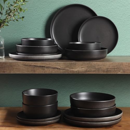 Gibson Elite Pasco 16-Piece Dinnerware Set for 4 Black Stoneware Plates & Bowls