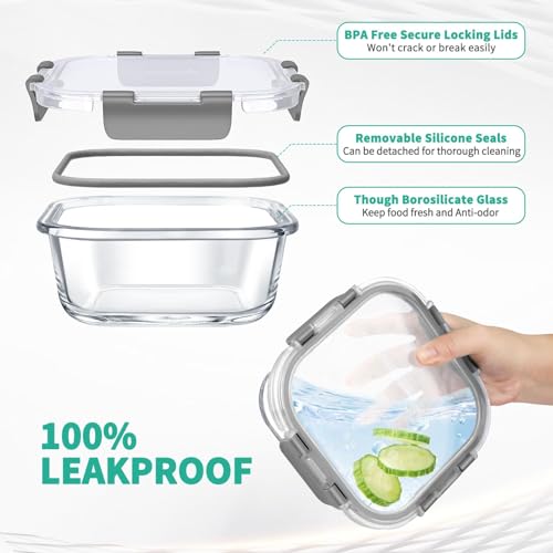 Glass Food Storage Containers Set - 34-Piece Airtight Meal Prep Lids - Gray