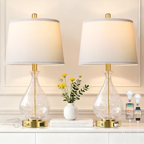 Gold & Clear Crackle Glass Bedside Lamps Set of 2 - Modern Touch Dimmable Nightstand Lights with USB Ports