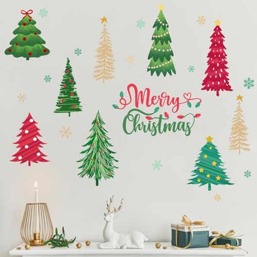 Mfault Merry Christmas Tree Wall Decals Stickers, Xmas Snowflake Decorations Bedroom Art, New Year 2026 Home Kitchen Living Room Decor Winter Holiday Gift