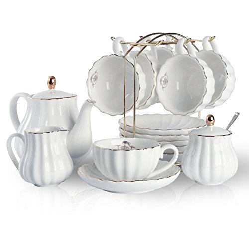 White Porcelain British Royal Tea Set for 6 with Teapot Saucer & Accessories