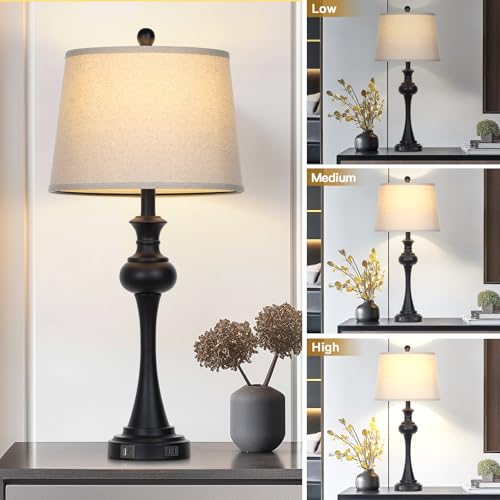 Black Set of 2 Bedside Table Lamps with USB Ports, 29 Inch Modern Reading Lamps