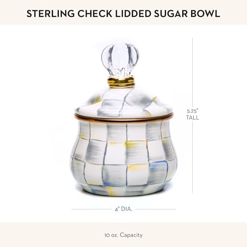 MACKENZIE-CHILDS Enamel Lidded Sugar Bowl Sterling Check Gray & White, Home Decor