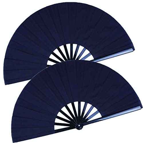 2 Pack Large Folding Hand Fan, Black Chinese Kung Fu Tai Chi Fan Nylon-Cloth Fan For Men And Women Performance, Dance, Decorations, Festival, Gift (Folding fan black 2p)