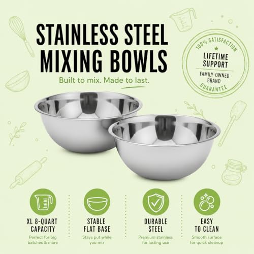 8 Qt Stainless Steel Mixing Bowl - Large Heavy Duty Kitchen Bowl for Baking & Prep