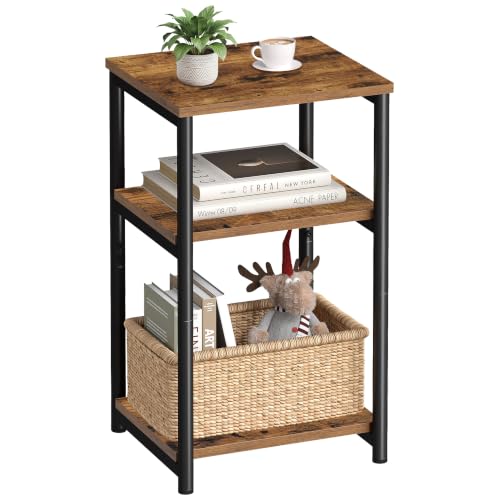 VASAGLE Rustic Brown & Ink Black Small End Table with 3 Tiers - Modern Steel Frame Nightstand