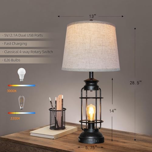 Set of 2 Rustic Industrial Touch Table Lamps with USB Ports, 28.5" Tall, 3-Way Dimmable Bedside & Living Room Lighting