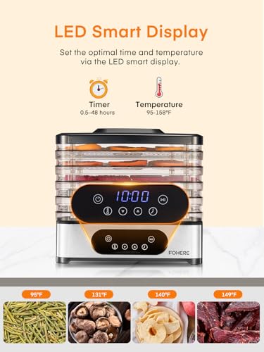 FOHERE Food Dehydrator with 5 BPA-Free Stackable Trays, Digital Control, 400W