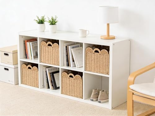 Set of 4 Scalloped Wicker Storage Cubes - 13x13x13in Khaki, Heavy Duty Paper Rope Baskets for Shelves, Bathroom, Bedroom, Laundry, Pantry