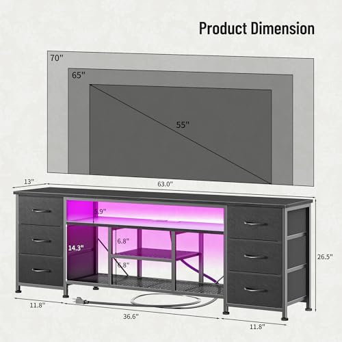 Furologee 63 Inch LED TV Stand, Entertainment Center, Black