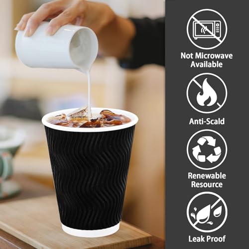 Black Disposable Coffee Cups 12 oz Pack of 500 - No Lids, Insulated Paper