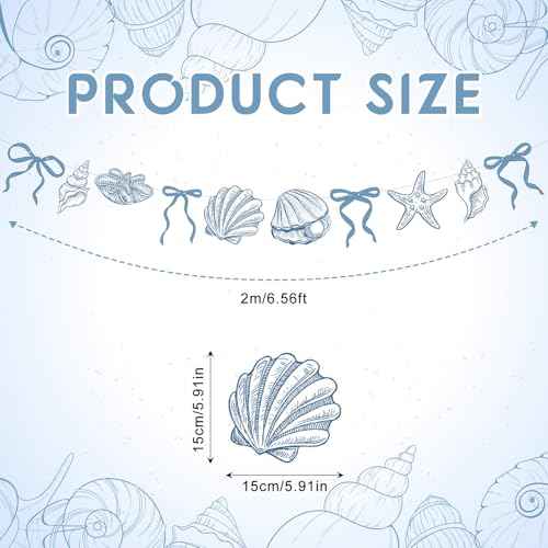 Oudain 2 Pack Blue Bow Starfish Seashell Garland 6.56 ft Blue Coastal Christmas Banner Decor Ocean Nautical Beach Christmas Ornaments Under The Sea Paper Hanging Banner for Birthday Mermaid Xmas Party