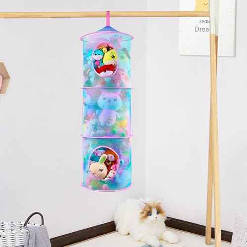Basumee Stuffed Animals Net or Hammock 2 Pcs Stuffed Animals Storage Toy Net Hammock for Plushies Storage Organizer Mesh Kids Girls Room Decor, Blue Teal, 3 Tiers