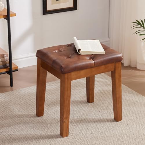 Retro Brown Ottoman Vanity Stool with Padded Linen Seat - Wooden Frame