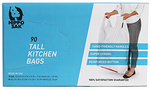 Hippo Sak 13 Gallon Tall Kitchen Trash Bags with Ergonomic Handles - Pack of 90 - Heavy Duty Leakproof Garbage Bags
