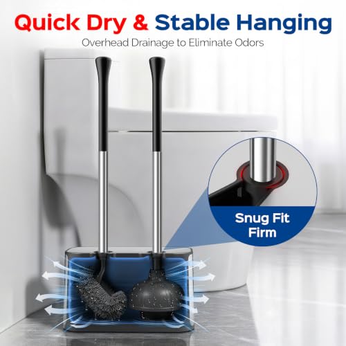 HAMITOR Silver S-Shape 2-in-1 Toilet Brush & Plunger Set with Hidden Holder, Rust-Proof Stainless Steel