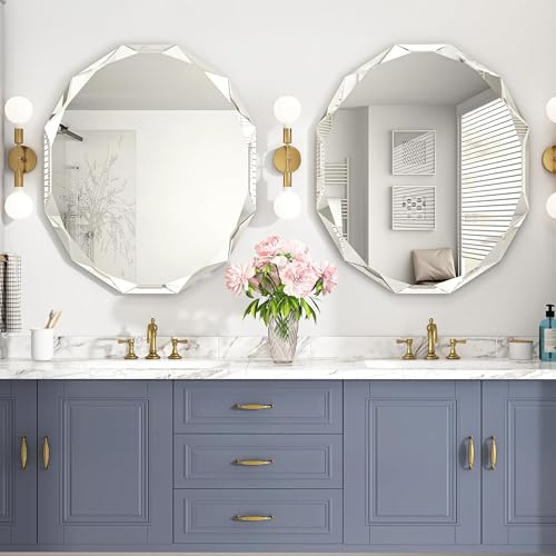 24x30 Inch Frameless Bathroom Mirror - Round, Diamond Beveled Edge, Wall Mount, Over Sink, 30L x 24W - Gray Finish