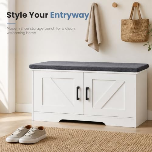 Shoe Storage Bench with Cushioned Seat and Adjustable Shelves - 39.4" Entryway Organizer