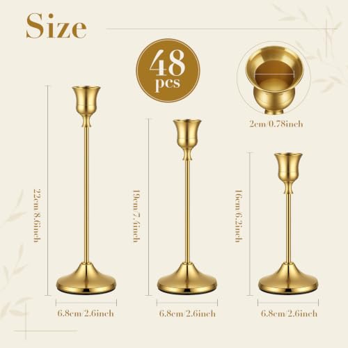 Vintage Gold Brass 48-Pack Taper Candle Holders Set, Multiple Heights
