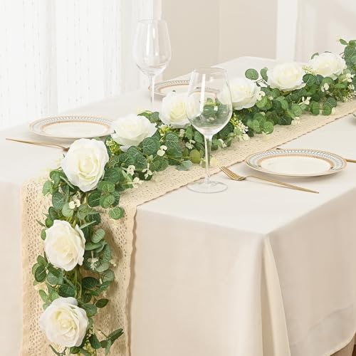 White Rose Eucalyptus Garland 4 Pcs, Faux Floral Wedding Decor, 26ft