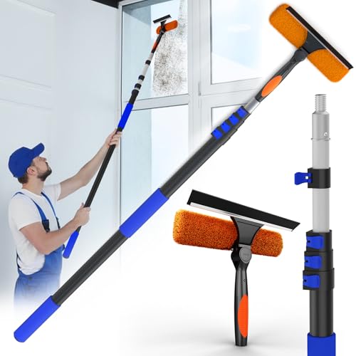 20FT Telescoping Window Squeegee Kit with 2-in-1 Glass Cleaner & Cobweb Duster