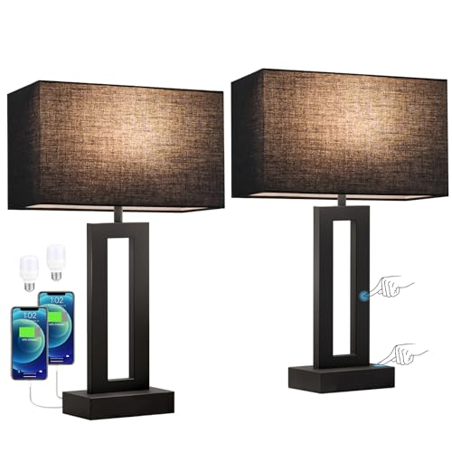 Seealle Medium Set of 2 Nightstand Table Lamps with USB-C & A, 3-Way Dimmable, Black, 19.6in