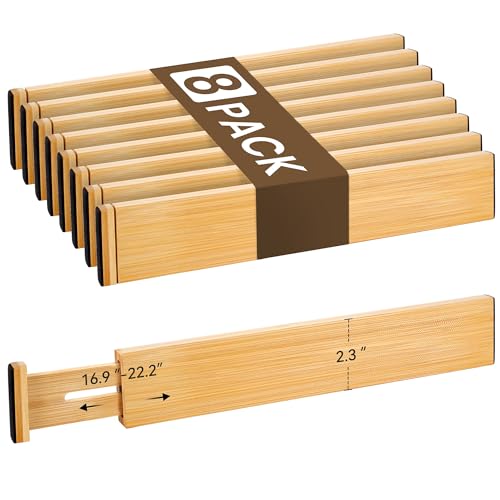 Natural Bamboo Drawer Dividers Set - Adjustable Expandable Organizer 8 Pack (16.9-22.2 Inches) - 2.3 Inch High