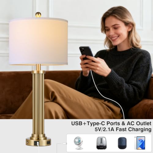 Modern 28-Inch Gold Table Lamps Set of 2 with USB-C, AC, 3-Way Touch