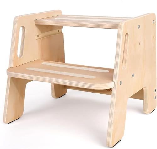 Woodure Wooden Height-Adjustable 2-Step Toddler Stool with Handles - Original Wooden Colour