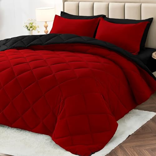 Twin Comforter Set 5-Piece Reversible Bed in a Bag - Red & Black, 68x88