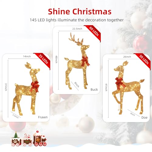 4FT Gold Lighted Christmas Reindeer Family Set - Outdoor Yard Decor with 145 LED Lights