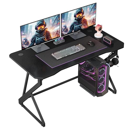 Grandder 40 Inch Black Z-Shaped Gaming Desk with Carbon Fiber Surface & Headphone Hook